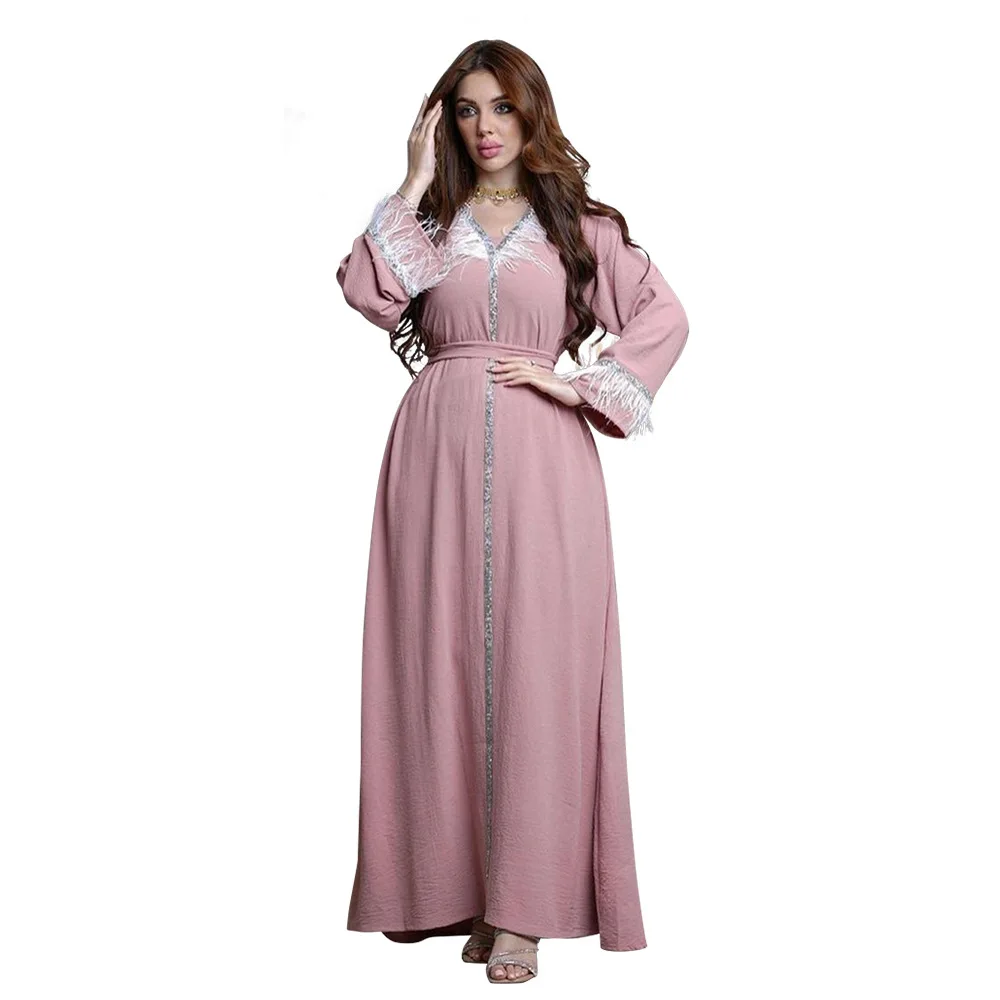 Jalabiya Feather Satin Abaya Dubai Loose Muslim Arabic Dress Moroccan Kaftan Saudi Abayas for Women Islam Party Evening Ramadan