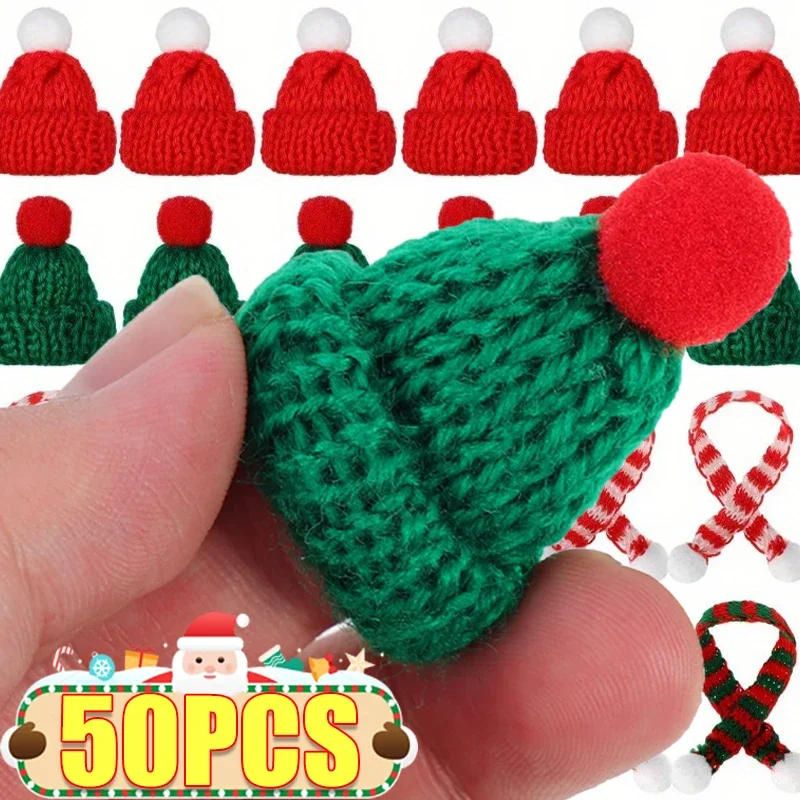10/50Pcs Red Mini Santa Hat Knitting Cap for Cat Rabbit Doll Lollipop Wine Bottle Covers Xmas Bottles Holder Table Dinner Decor christmas beanie hat