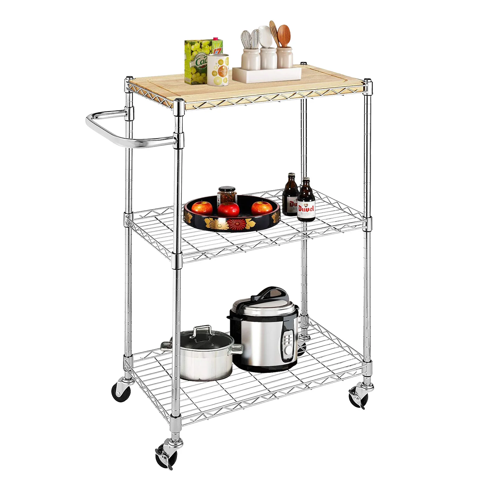 

3-Tier Supreme Kitchen and Microwave Cart 60x35x85CM Storage Shelf Wood & Chrome[US-Stock]