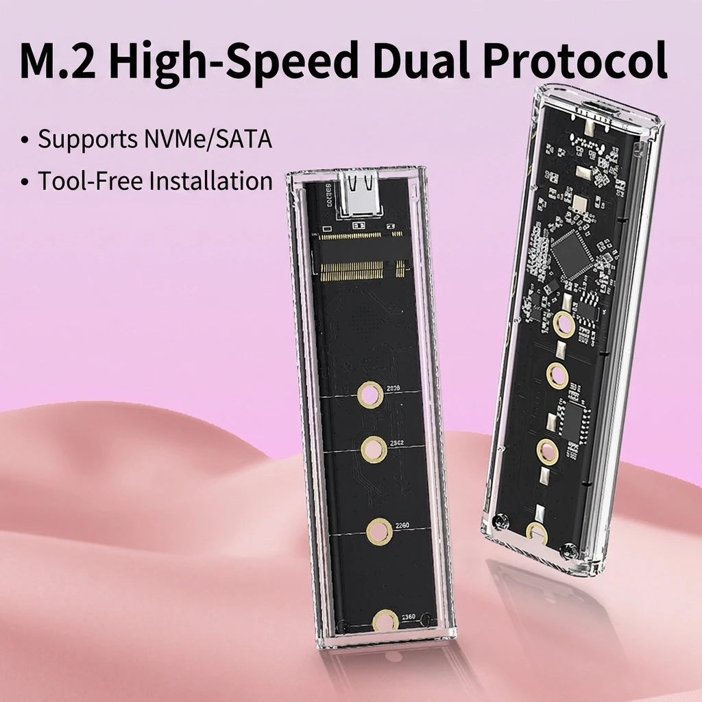 M.2 NVME SATA 듀얼 프로토콜 SSD 인클로저 USB 타입 C 투명 외장 하드 디스크 케이스 PCIe NGFF M.2 SSD 어댑터 박스