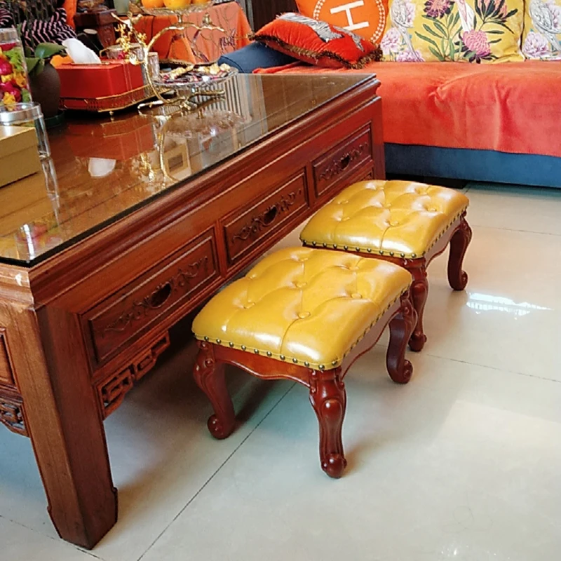 Solid Wood Stool American Leather Stool Leisure Seat Nordic Furniture Footstool Change Shoe Stool Folding Chair Customized