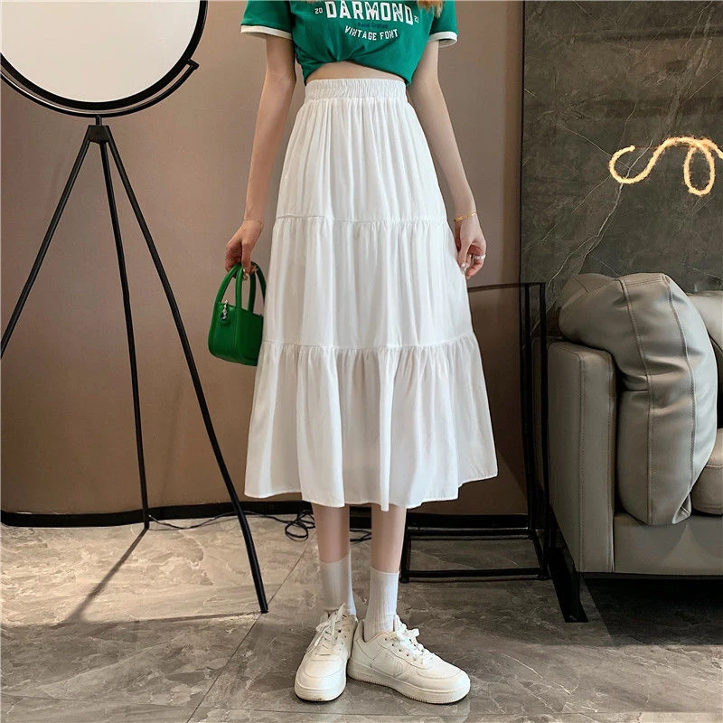 Woman New In Clothes A-line High Waist Casual Slimming Cake Skirt Versatile Mid Length Dress Sweet White Long Skirt All-match