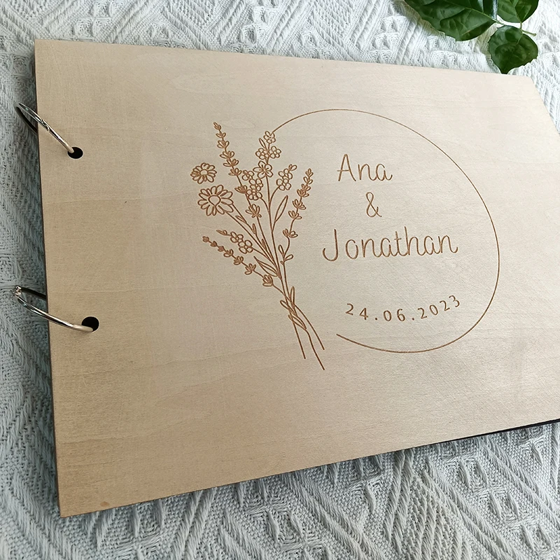 Wedding Guest Book Personalized Name And Date Calligraphy Guest Book Laser Engraved Wedding Guest Book Rustic Floral Wooden Sign-in Book