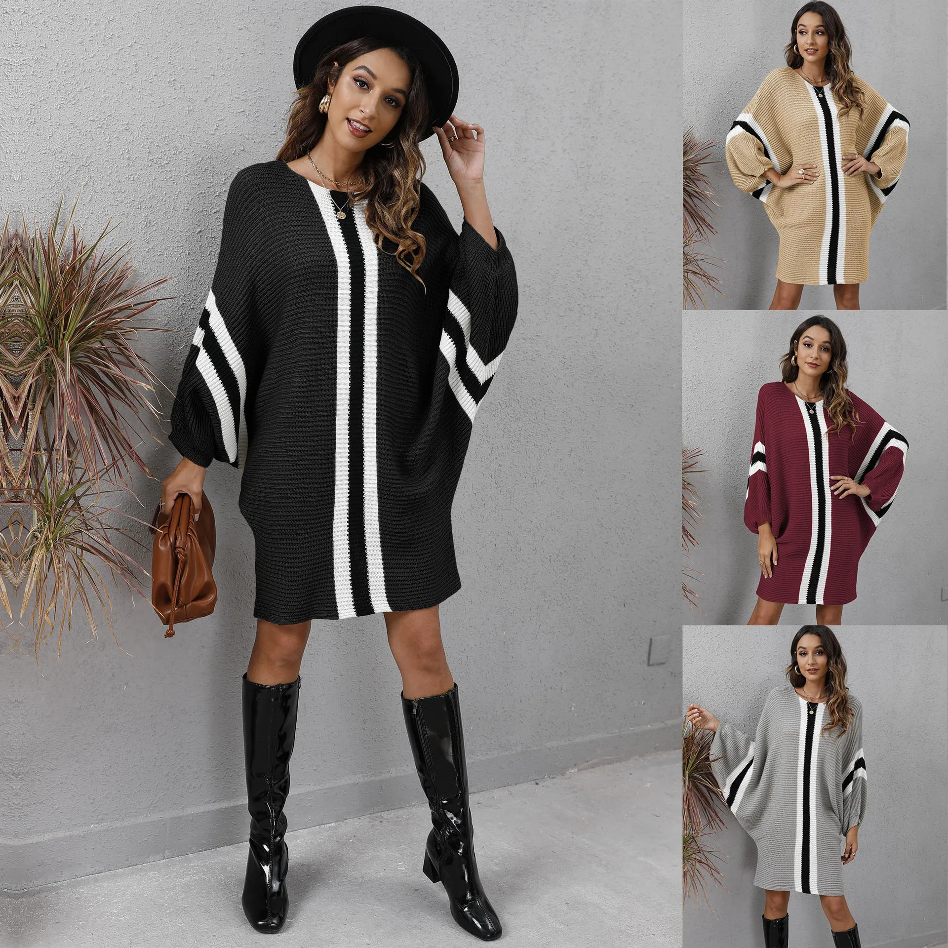 

Autumn and Winter New Ladies Knitted Sweater Skirt Women's Loose Bat Sleeve Contrast Stitching Dress