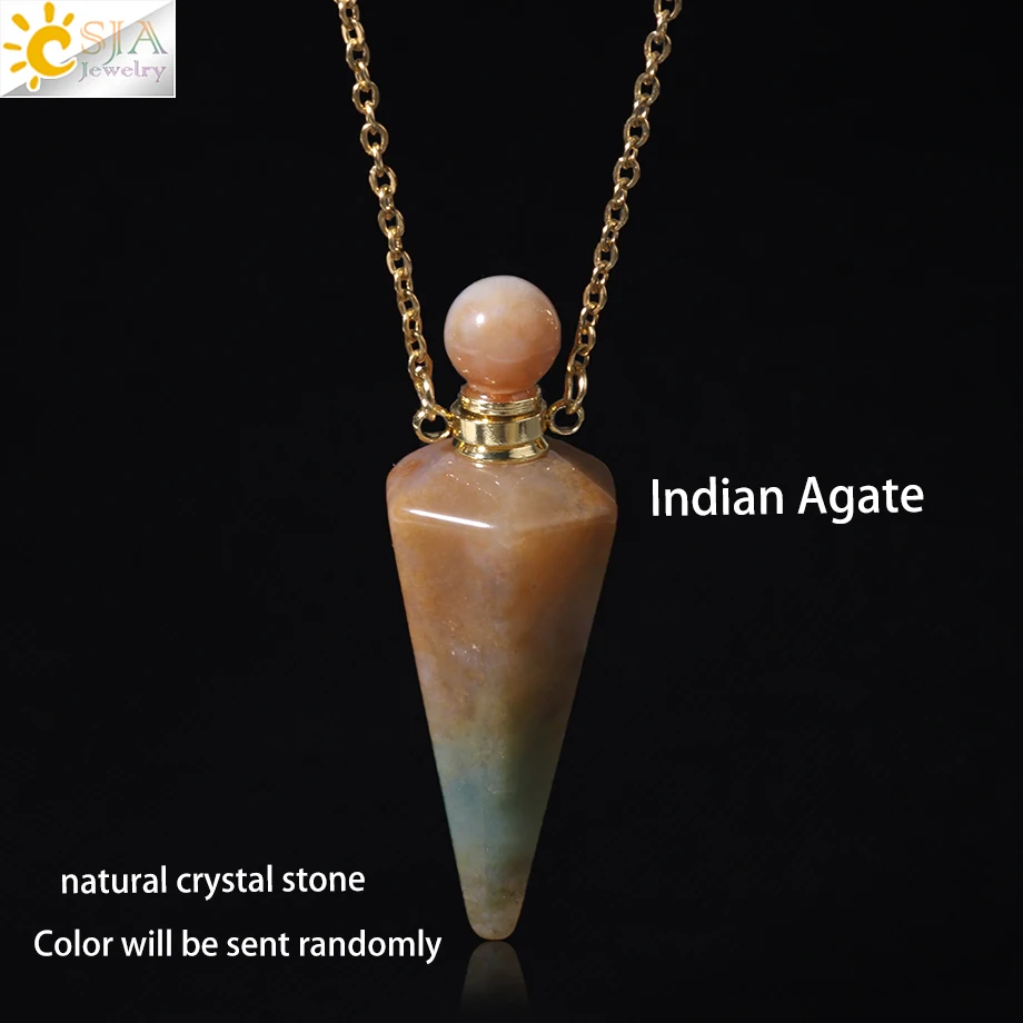 Natural Stone Cone Perfume Bottle Necklace with Healing Clear Quartz Crystal Pendant and Essential Oil Diffuser