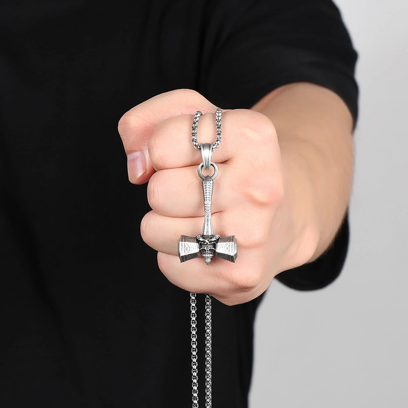 Men's Viking Necklace, Thor's Hammer Stainless Steel Jewelry, Nordic Rune Pendant Sweater Chain