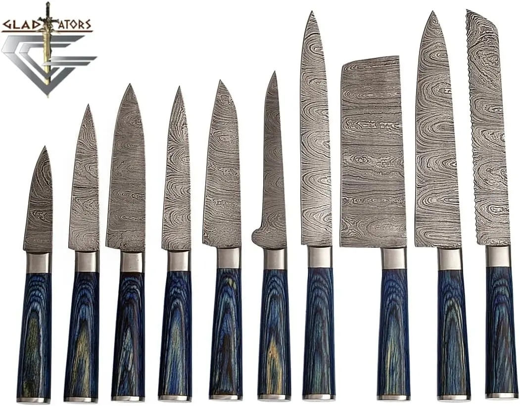 

Professional Kitchen Knives Custom Made Damascus Steel 10 pcs of Professional Utility Chef Kitchen Knife Set Round Blue Wood Han