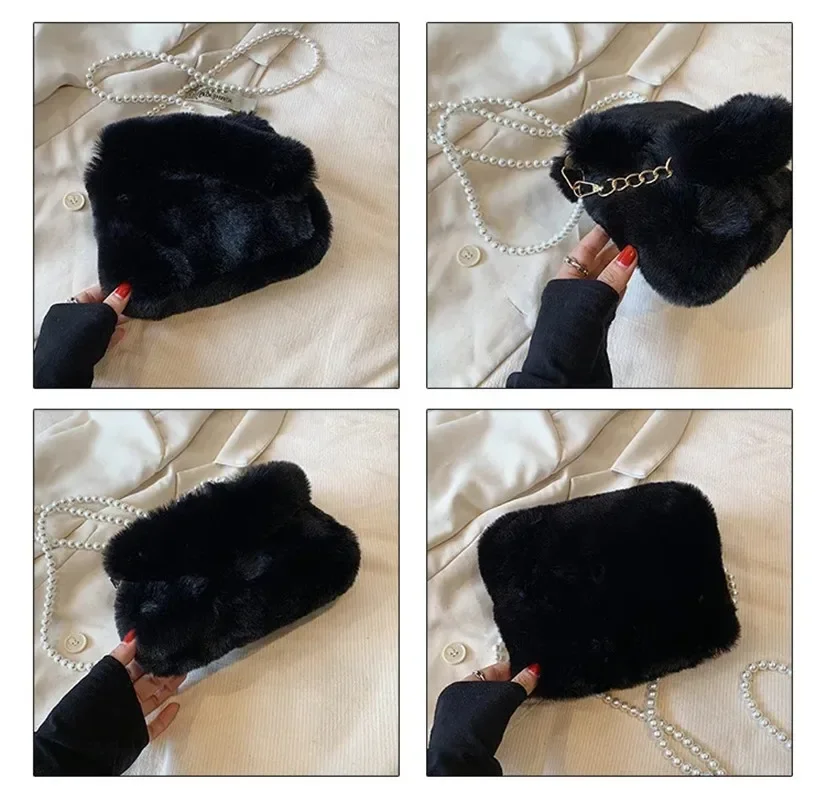 New Fashion Plush Bag Women Casual Faux Fur Pearl Chain Mini Handbag Ladies Designer Simple Fluffy Crossbody Bag Winter Purse