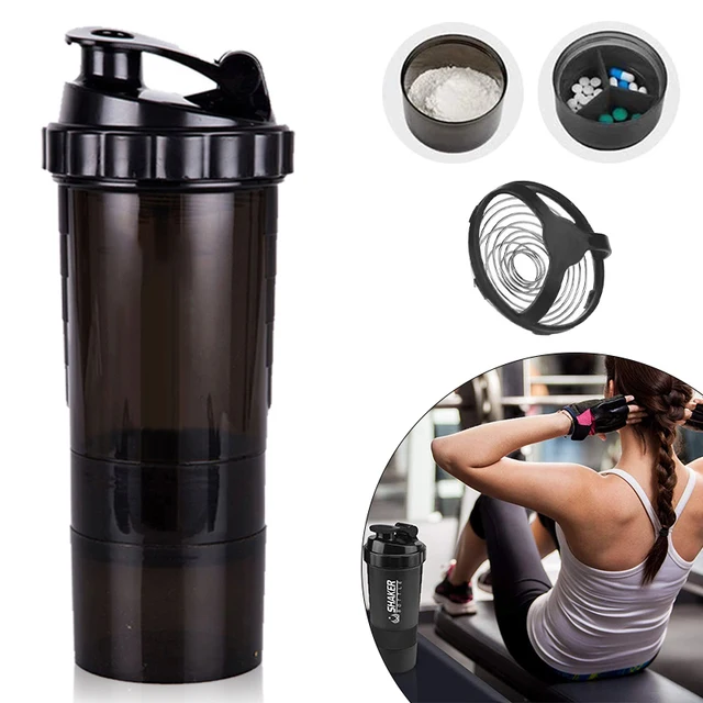 Protein Powder Shaker Bottle 500ml 3 Layer Sports Water Cup Plastic Protein  Mixer Pill Storage Tray Body-Building Leak Proof Cup - AliExpress