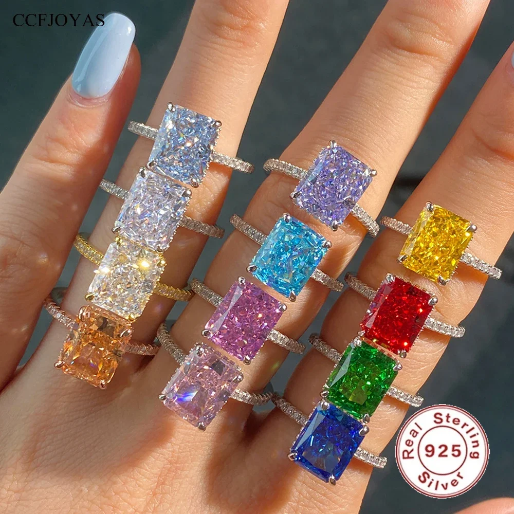 

CCFJOYAS French Super Flash Square Diamond 8A Ice Flower Cut Zircon 925 Sterling Silver Ring for Women Wedding Fine Jewelry Gift