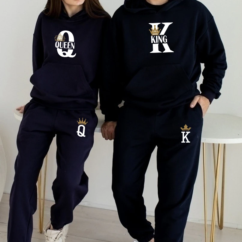

Autumn Hoodies And Pants 2pieces Set Lover Tracksuit KING Or QUEEN Printed Fashion Couple Sportwear Women Men Outfit
