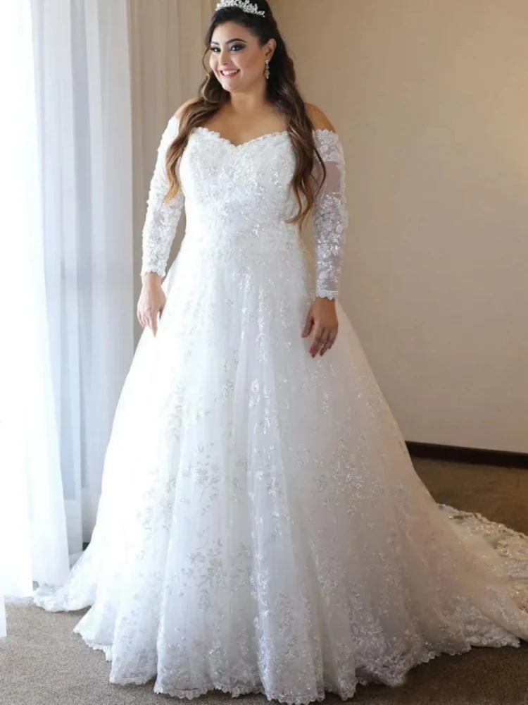 

2024 Long Sleeve Wedding Dresses Off Shoulder Sparkly Sequined Appliques Lace A-Line Bridal Gowns Customed Vestidos De Novia