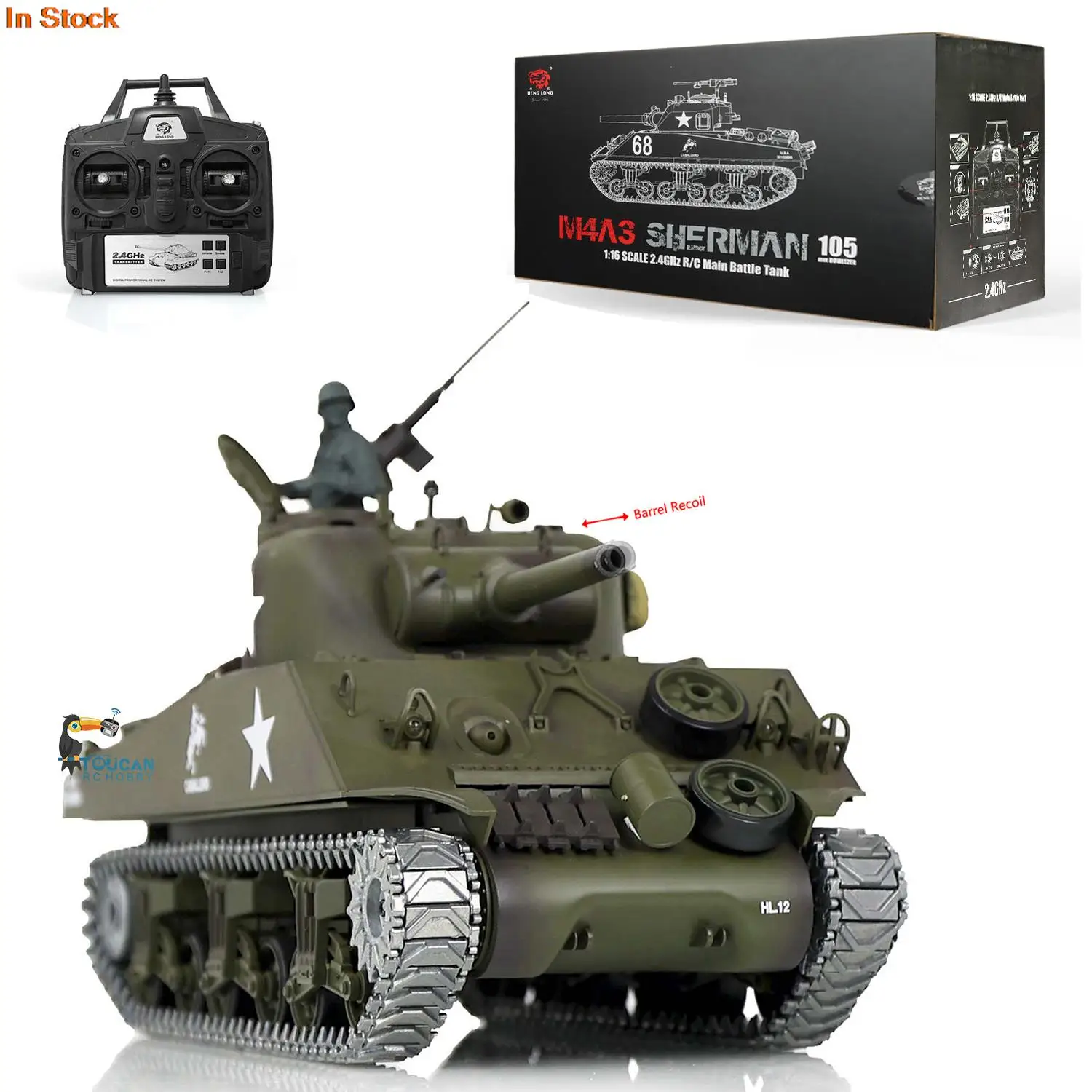 1/16 HENG LONG 7.0 Upgraded M4A3 Sherman RC Tank 3898 Metal Tracks Barrel Recoil Gearbox Idler Smoke Unit Engine Sound TH17673 2