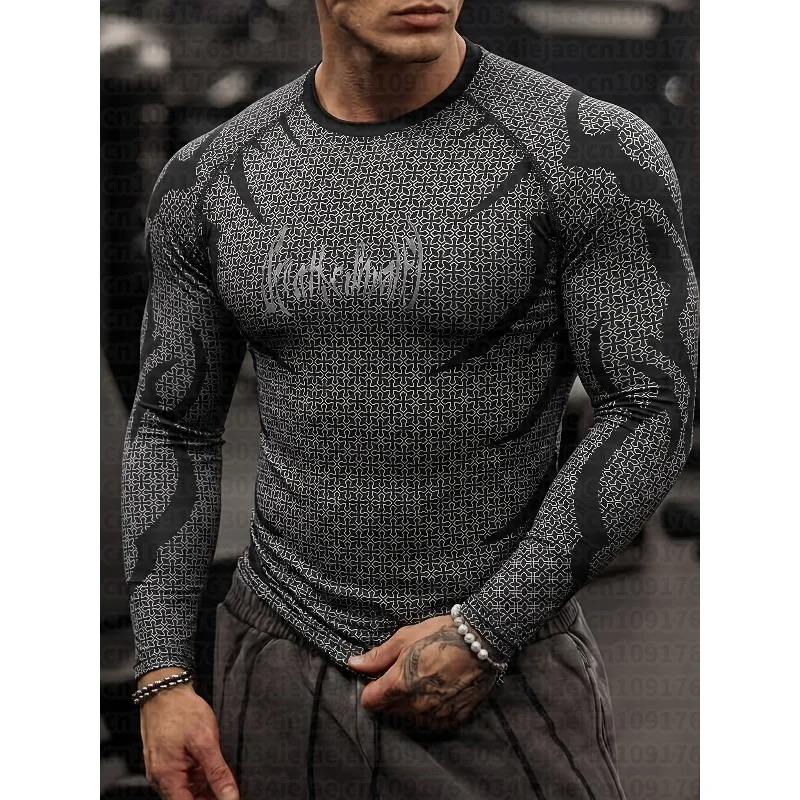 Herren Kinder Mock Neck Fitness Langarm-Oberteil Geometrische Textur Gezackter Gothic-Schriftzug Workout-Training Unterziehshirt