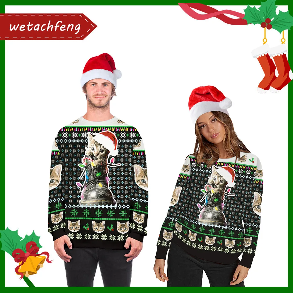 

2022 Happy New Year Eve Holiday Party Ugly Christmas Sweater Cat Christmas Pullovers 3D Printed Funny Xmas Jumpers Tops Clothing
