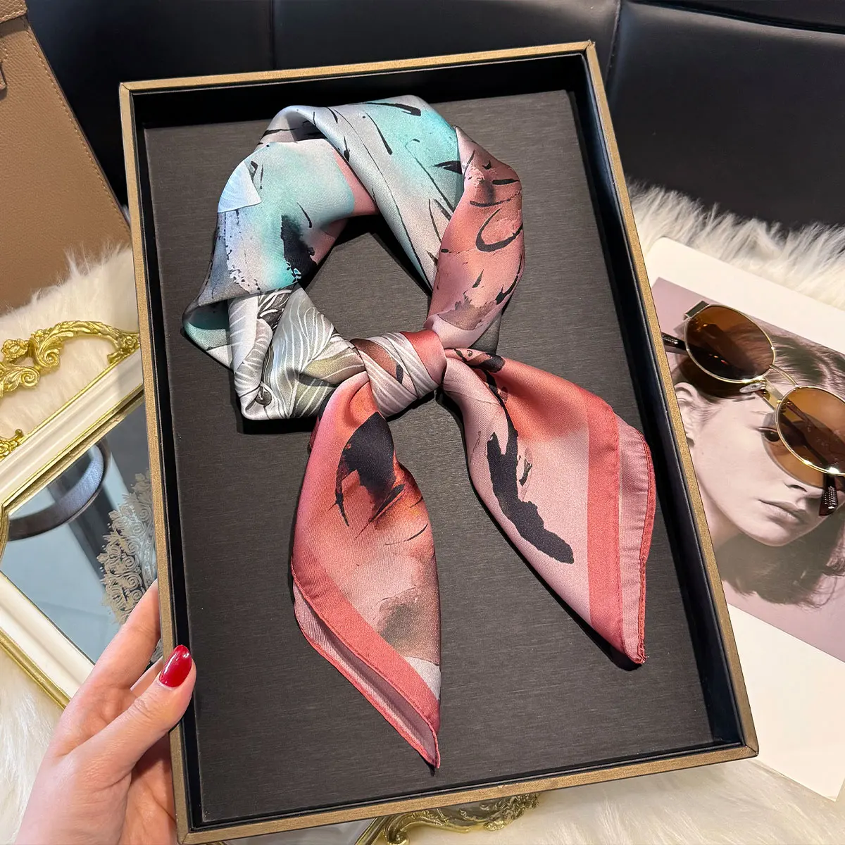 Four Seasons NEW Floral Square Scarf Women Satin Shawl Wrap Hijab Female Hair Luxury Headkerchief Beach Sun Protection Bandana