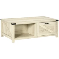 Wooden Farmhouse Living Room Table with Open Storage and Barn Door Design, Oak 1