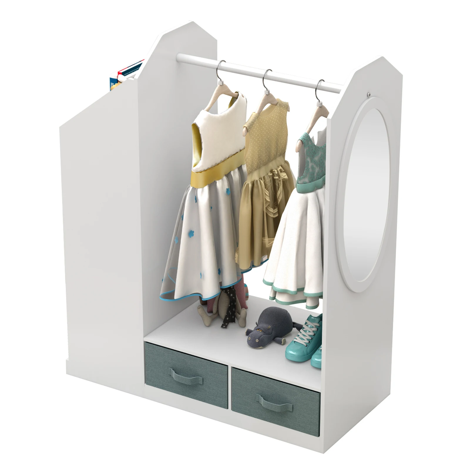 Kids Costume Organizer、 Costume Rack、Kids Armoire、Open Hanging Armoire Closet with Mirror-WHITE 2