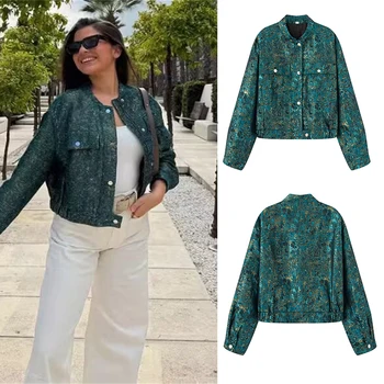 Nouvelle veste décontractée pour femme Guobioziy, texture jacquard métallique, col montant élégant, manteau court