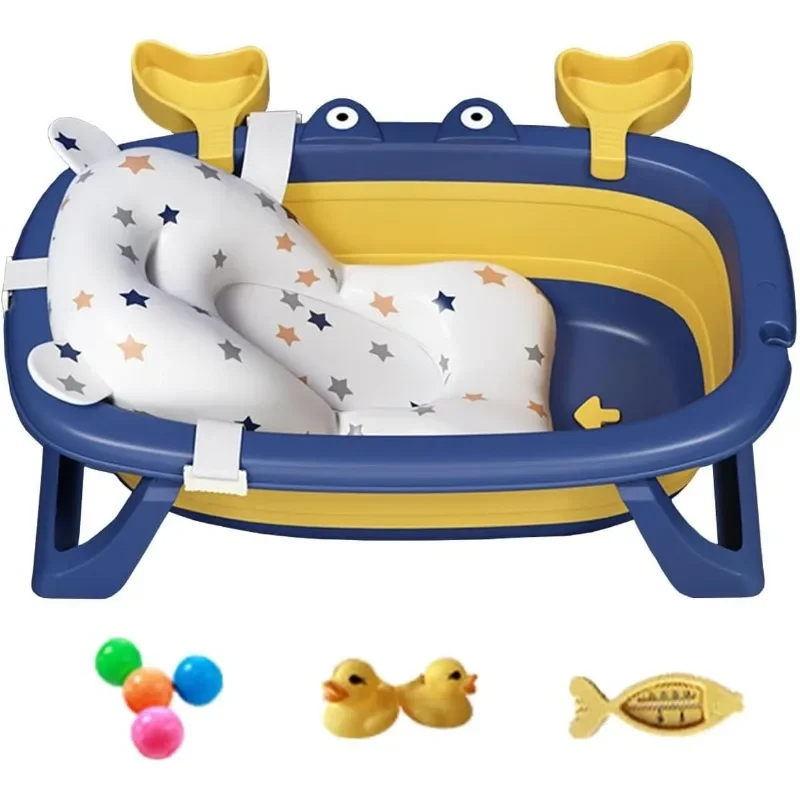 Portable Baby Bathtub With Soft Cushion For Easy Baths Storage Foldable Infant Shower Tub With Drainage Hole Toy Ball Duck