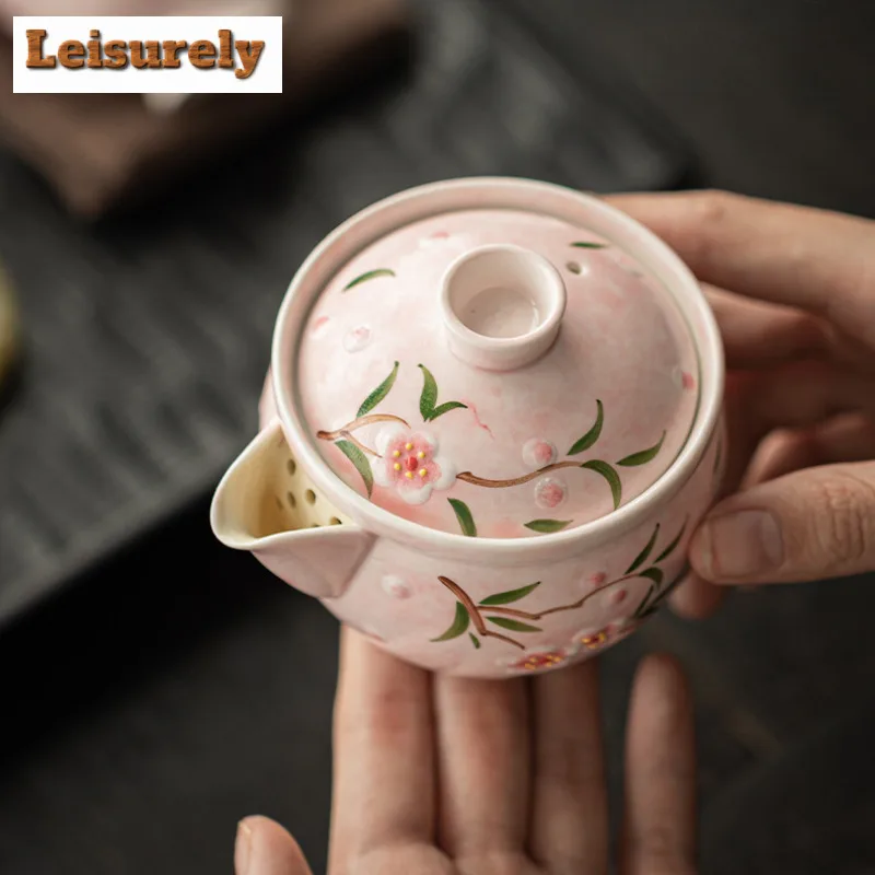 150ml Hand-painted Peach Blossom Teapot Zen Tea Infuser Pot Tea Maker Kettle with Strainer Dahongpao Chinese Tea Set Ornaments