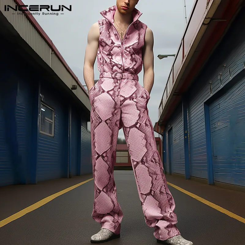 

2024 Men Jumpsuits Printing Lapel Sleeveless Zipper Fashion Casual Male Rompers Streetwear Men Overalls With Belt S-5XL INCERUN