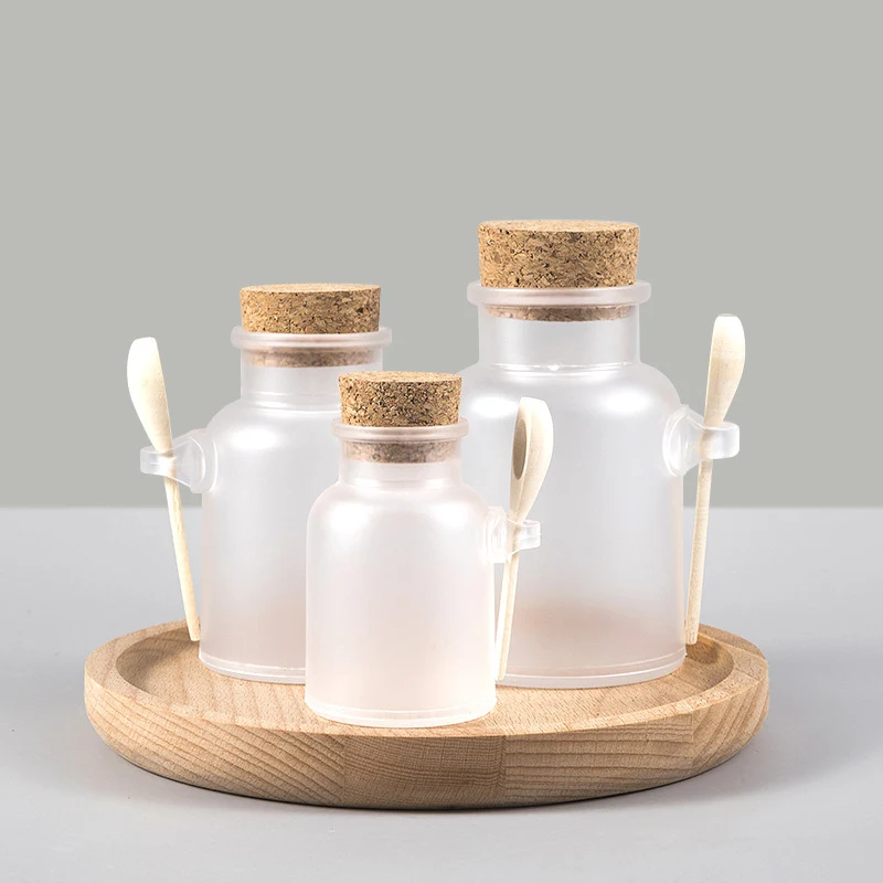 Empty Bath Salt Bottle Plastic Matte Cork Jar Mask Scrub Facial Cream Powder Container Refillable Durable Bottle with Wood Spoon