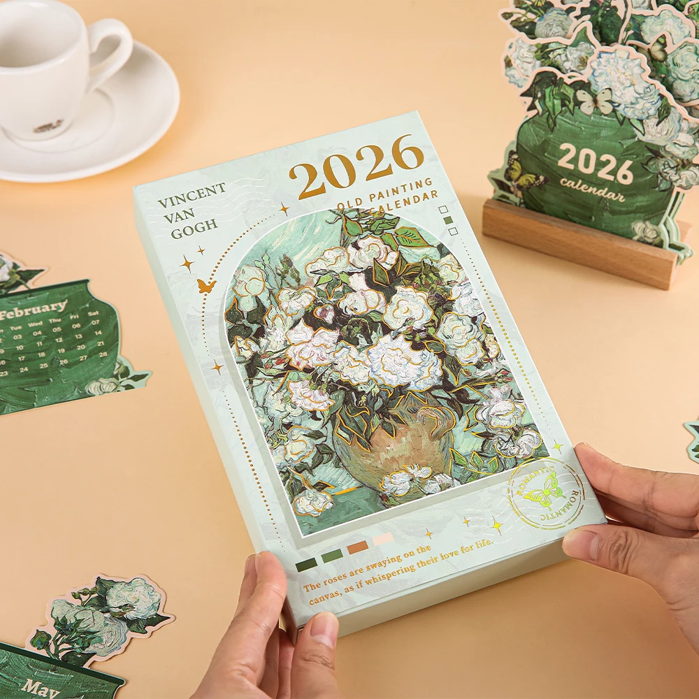 2026 Card Insert Desk Calendar Vintage Painting Monthly Planner With Wooden Base Desktop Decor For Monthly Schedule Organizer