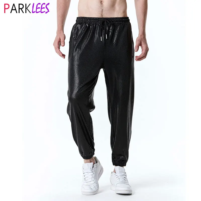 

Black Metallic Jogger Sweatpants for Men Hip Hop Snake Pattern Dance Disco Streetwear Men Halloween Party Stage Prom Clothing