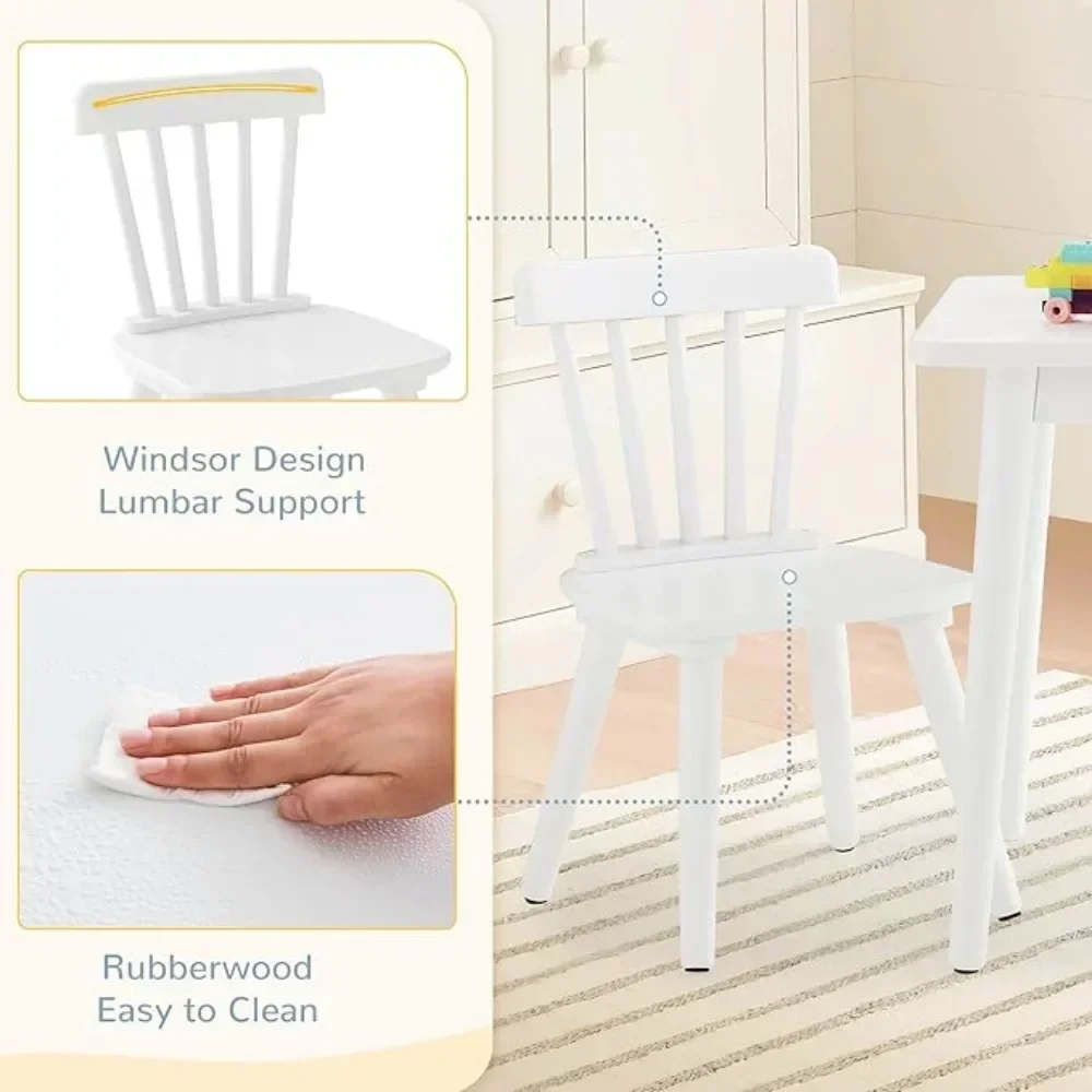 Windsor Kids Table and 2 Chair Set, Rubberwood Toddler Table and Chair Set for Art, Play, Craft, Activity, Children Table，White 6