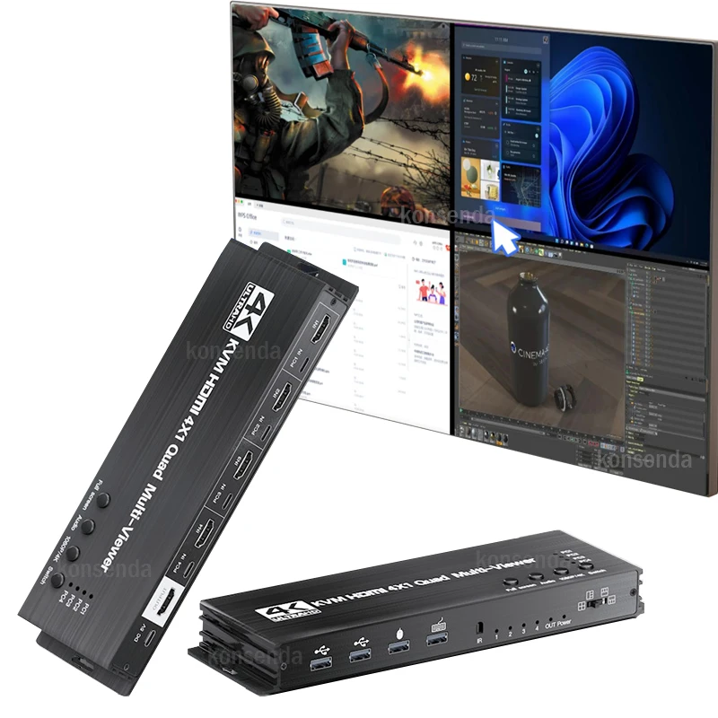 

4 Port HDMI Quad Multi-Viewer with KVM Switch 4x1 HDMI KVM Multiviewer Seamless Switch Support USB Keyboard Mouse for PC Loptop