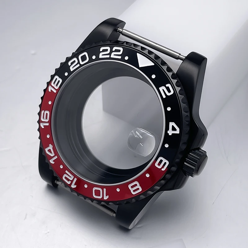 All-Black Sub Style Watch Case with Rubber Strap and Sapphire Crystal