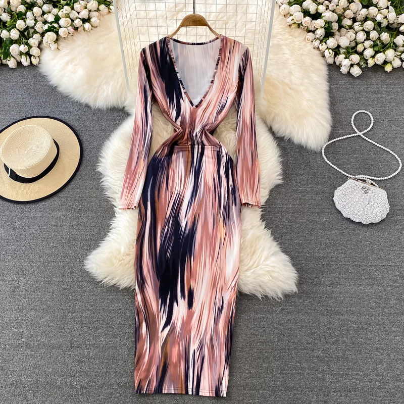 

Elegant Women Long Sleeveless Vintage Dress Slim Sexy V Neck Bodycon Dress Print Spring Vestidos Female Clothing