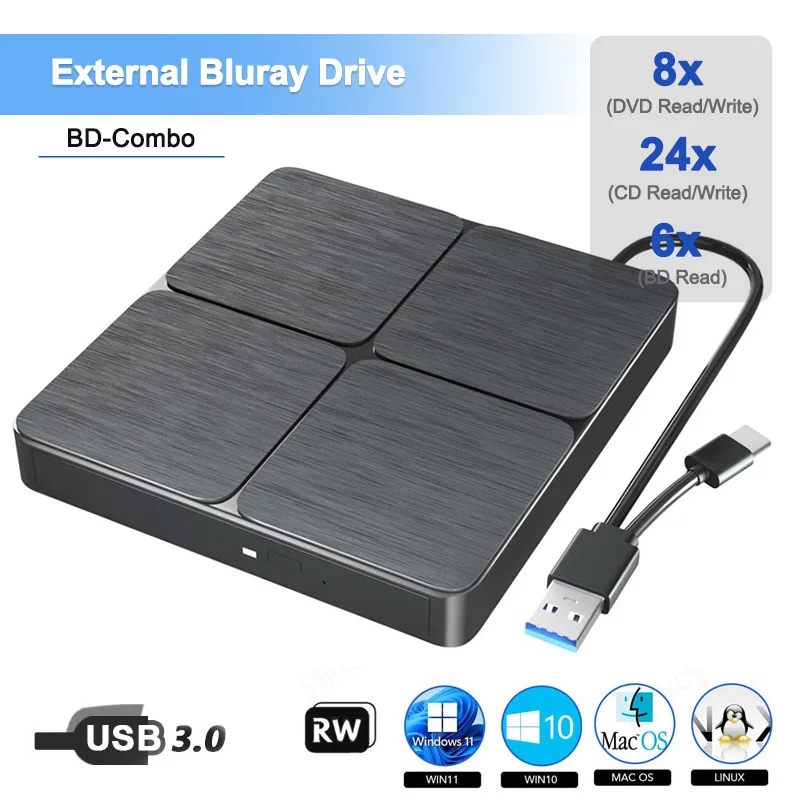External Blu-ray DVD Drive USB 3.0 BD-Combo CD DVD Player Reader Burner for Laptop PC Computer Notebook Windows Mac