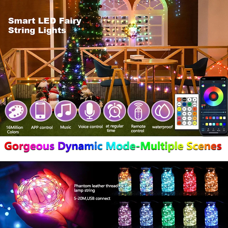 앱 스마트 다채로운 조명 DIY 블루투스 USB 포인트 컨트롤, 심포니 LED RGB 조명, 스트링 크리스마스 장식, 분위기 조명