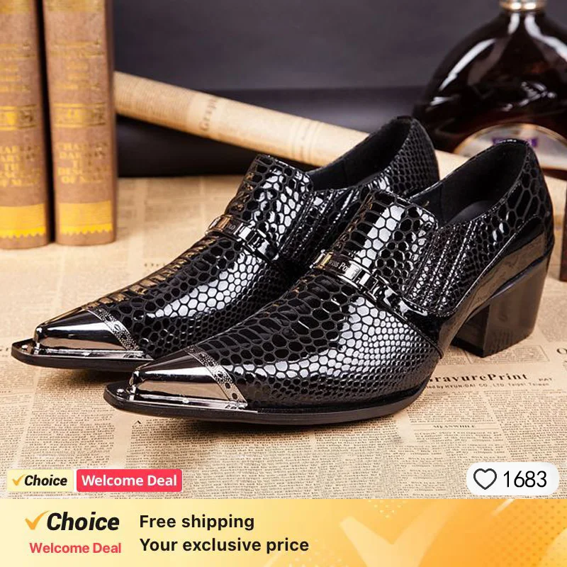 

Metal Pointed Toe Genuine Leather Men's Shoes Luxury Black Mixed Colors Loafers Wedding Banquet Party Social Dress Shoes