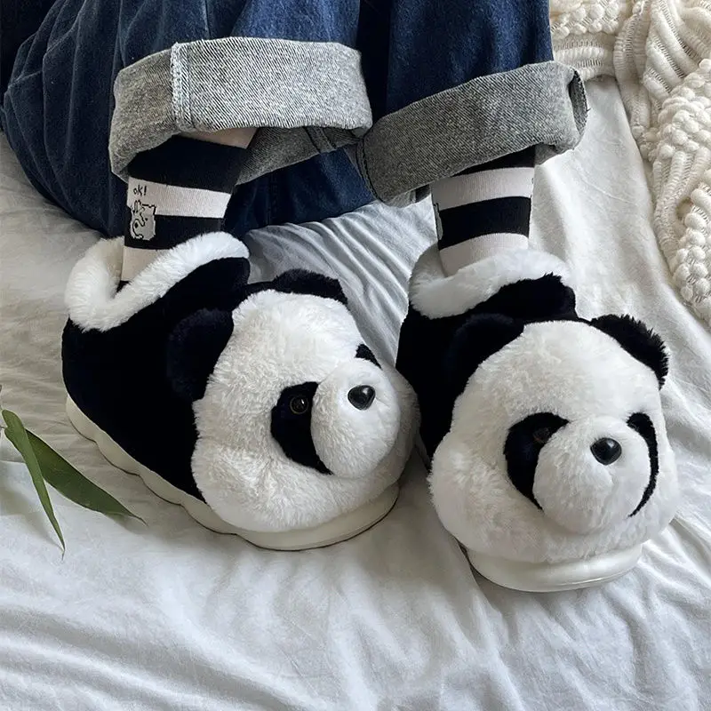Chunky Fashion Women's Slip On Fur Slippers Comfort Cute Panda Shoes for Women 2024 Winter Warm fur Slides Home Indoor 2