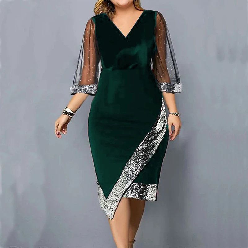 

2024 Spring Autumn Commute Slim Dress Elegant V Neck Mesh Patchwork Irregular Dress Female Half Sleeve Sequin Velvet Party Dress