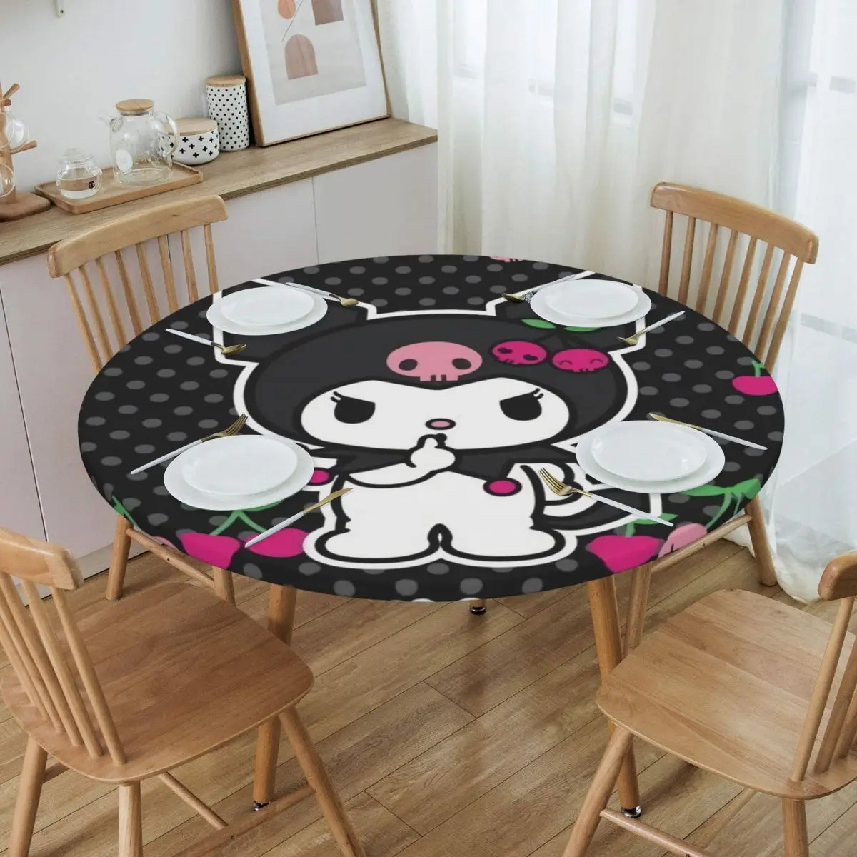 

Custom Round Waterproof Kuromi Sanrio Anime Table Cover Fitted Table Cloth Backed Edge Tablecloth for Dining