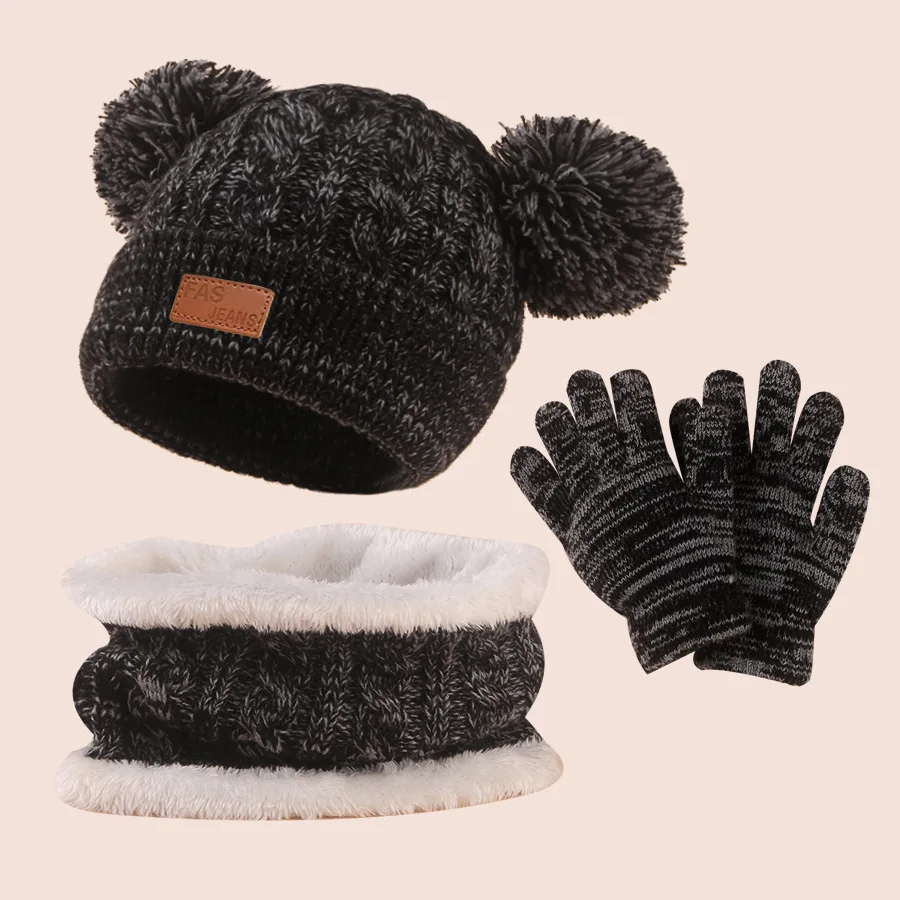 3pcs Winter Hat Sets for Children Beanies Snood Gloves Kids Gilr Boy Winter Cap Short Scarf Cute Big Pompom 2-7 Years