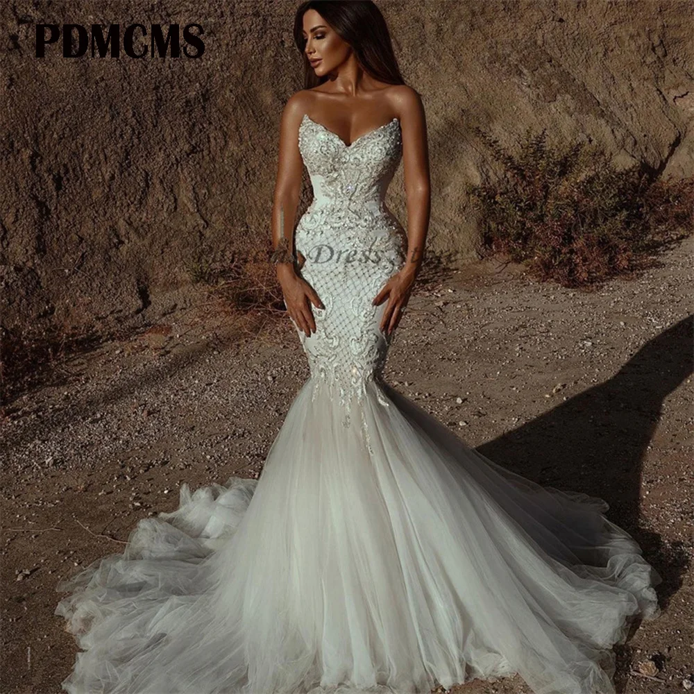 

Luxury Beadings Mermaid Wedding Dresses Shiny Strapless Backless Bride Gown Boho Train Backless Bridal Dress Robe De Mariee 2024