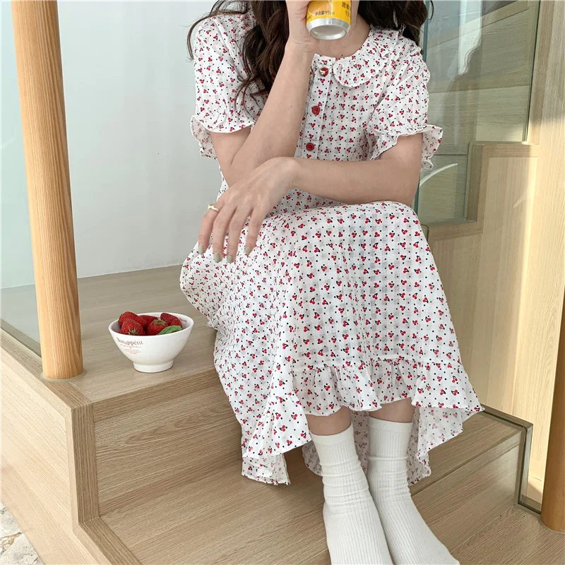 

Cotton Print Cherry Nightgown Summer Short Sleeve Peter Pan Collar Kawaii Sleepdress Ruffles Home Clothes Comfortable Chic D341