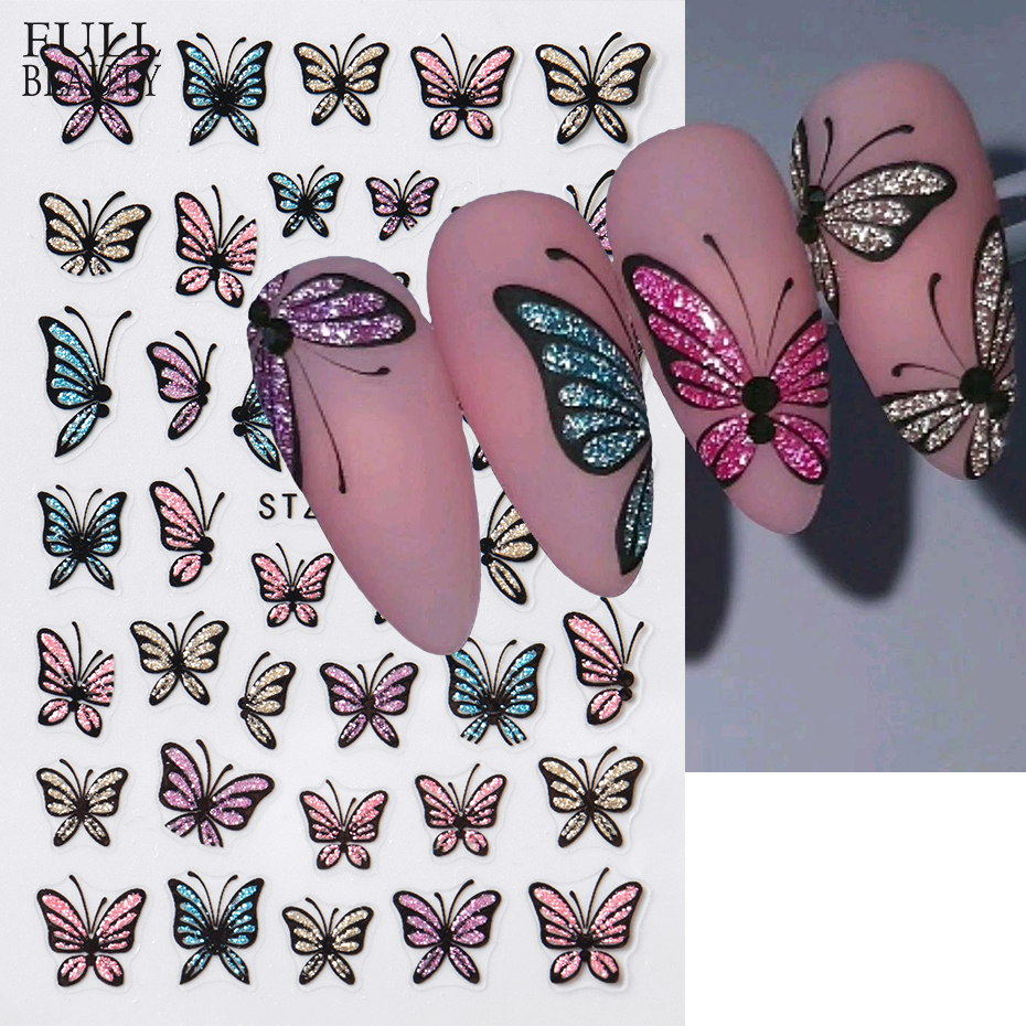 Glitter Butterfly Nail Stickers Decals 3D Shiny Blue Pink Wing Design Self Adhesive Sliders Nail Art Foils Manicure Decorations