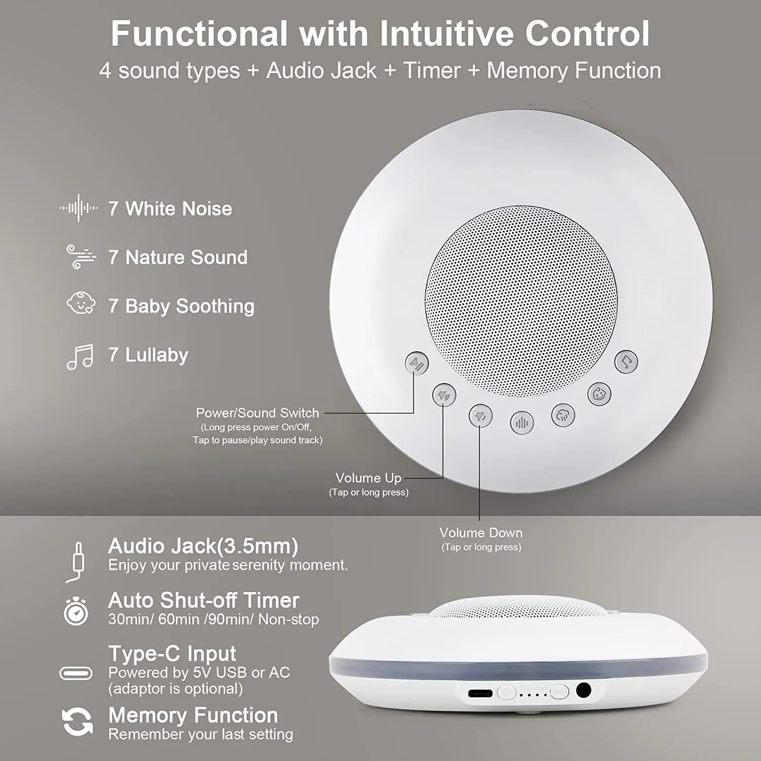 Baby White Noise Sleep Machine Built-in 28 Soothing Sounds 4 Timer & Memory Function USB Rechargeable Portable Sleep Aid Device