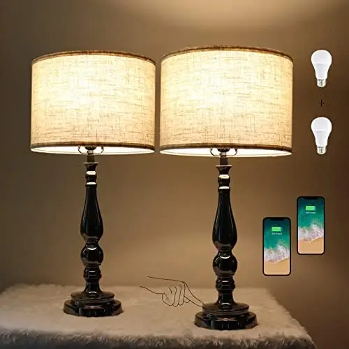 

Table Lamps Set of 2 Desk Lamps 25.78'' with Dual USB Ports Bedside Lamps with 3 Way Brightness Dimmable Lamps for Bedro