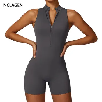dos nu Yoga combinaison ensemble short et haut femmes fermeture éclair GYM siamois vêtements de sport Fitness une pièce sport costume entraînement combishort