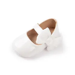 Meckior Baby Girls Bowknot PU Leather Dress Shoes with Non-Slip Sole - 12-18 months (White)