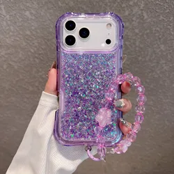 Luxury Bling Glitter Resin Chain Clear Phone Case with 3 - Layer Protection and Lanyard - iPhone 15 Plus (PURPLE)