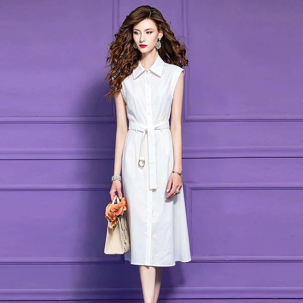 ZJYT Women's Summer Casual Dress 2026 New Fashion Sleeveless Single Breasted Linen Shirt Midi Dresses Elegant Vestidos Female 2