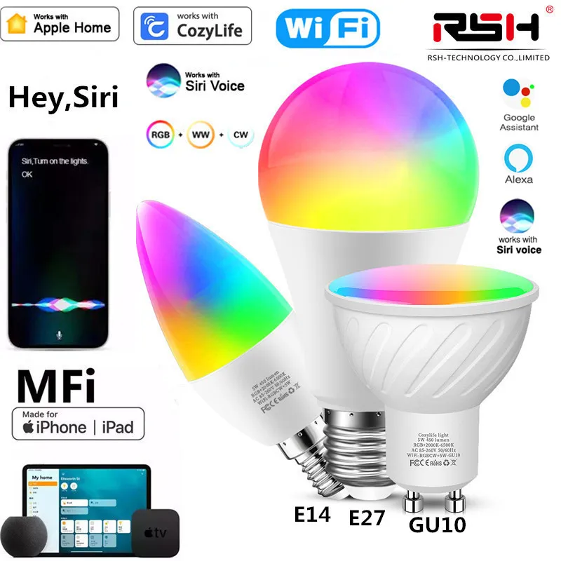 Lampadina A Led Intelligente Gu10 Wifi Smart Spotlight Rgbcw 5W 100-240V Per Apple Home Smart Led Lamp Con Alexa Google Home Smarthing